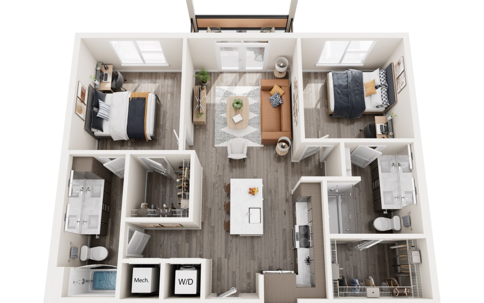 B1 - 2 bedroom floorplan layout with 2 bathrooms and 1003 - 1008 square feet (B1-HC)